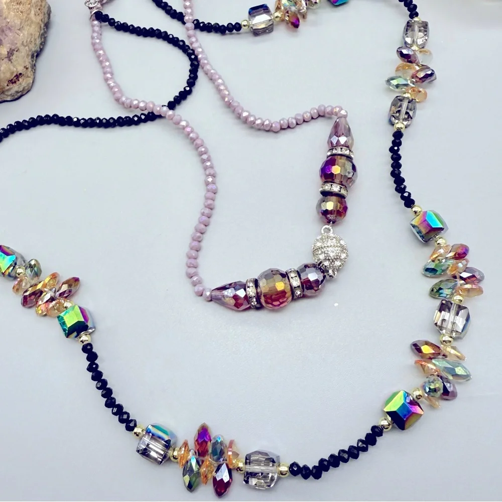 Layered Necklace Rhinestone Black Lavender Crystal Bead Hi-Lo Handmade Designer - Picture 3 of 10